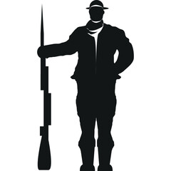 Silhouette of a soldier in historical uniform holding a musket on a transparent background