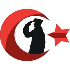 Silhouette of a soldier saluting in front of a red crescent moon and star emblem on a white background symbolizing national pride and military service