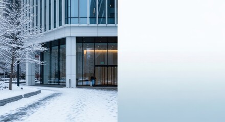 Winter's embrace on a modern edifice, a snowy landscape near a business hub