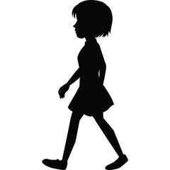 Silhouette of a Young Girl in a Dress Walking Side Profile Simple Black Shape on a Transparent Background Isolated Vector Illustration