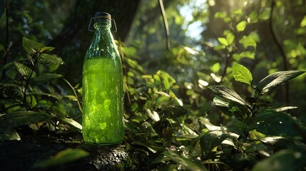 Alchemist's Delight: A Square Glass Bottle with Sparkling Potion in a Green Glade