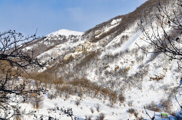 snow covered Arpa river valley scenic view from Jermuk (Vayots Dzor, Armenia)
