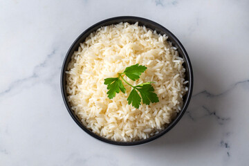 Cooked plain white basmati rice. Boiled rice pilaf.