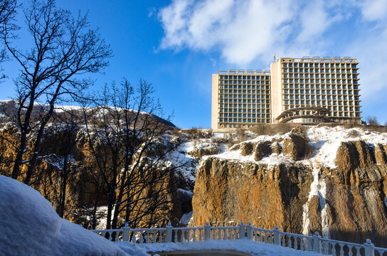 snow and frozen waterfalls on the rocks of Arpa river canyon in Jermuk (Vayots Dzor, Armenia)