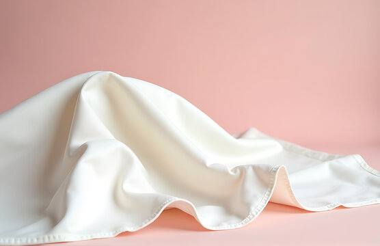 delicate white sheet draped elegantly faintly distressed trim lies soft pastel pink backdrop warm diffused studio light