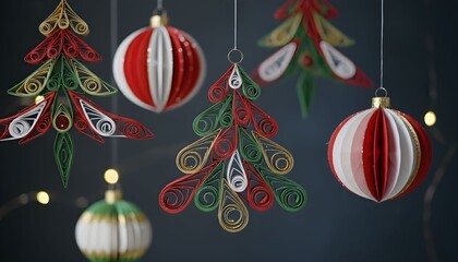 Handmade Christmas decorations featuring colorful ornaments and trees hung against a dark backdrop with festive lights twinkling softly in the background Generative AI