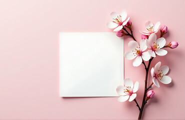 delicate white flower blooms amidst sprig pale pink blossoms soft pastel pink background accompanied minimalist paper