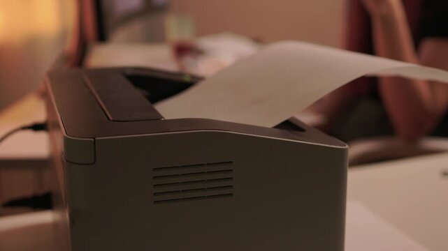 Work environment with paper loading, Assistant inserting paper into laser printer desk, Quiet office scene featuring assistant placing paper into laser printer on wooden desk