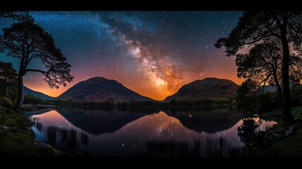 Starlit night over calm lake surrounded by majestic mountains and trees, reflecting the beauty of the Milky Way sky.