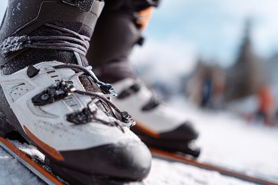 Close-up of ski boots on snow-covered slope during winter sports