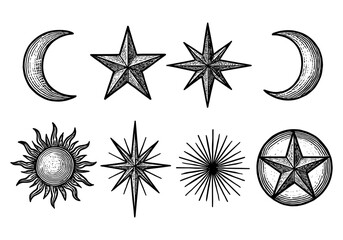 Vintage celestial icons set: sun, moon, and stars in hand-drawn style