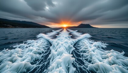 Serene Boat Wake Sunset with Overcast Sky
