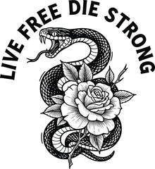 Illustration of a striking monochrome design featuring a coiled snake intertwined with a blooming rose, set against an, embodying strength and beauty