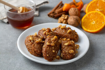 Close up of homemade Greek traditional melomakarona cookies
