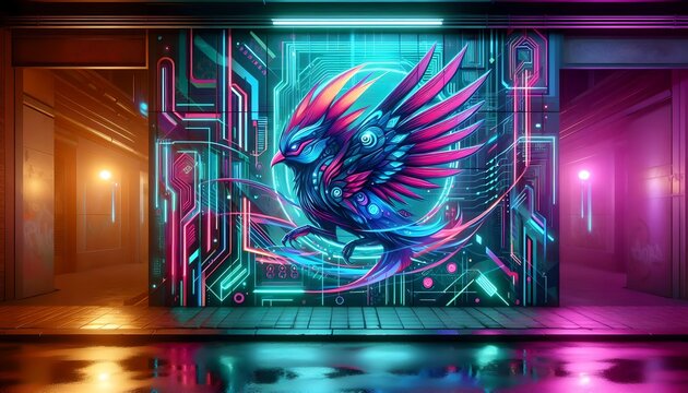 Glowing neon graffiti showcases stylized bird with sharp details, vivid colors, and dynamic cyberpunk-inspired street energy.