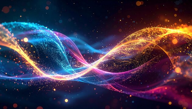 Luminous wave of swirling particles, brightly glowing blue and gold against a dark background, with pink hues