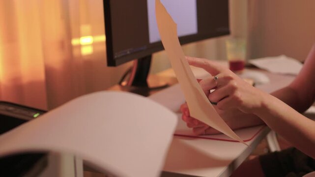 Closeup of professional reviewing agreement documents diligently, Dedicated editor engaged in thorough review and precise marking of legal documentation during late working hours
