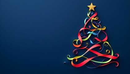 Colorful paper ribbons create a decorative Christmas tree against a dark blue background with a golden star on top Generative AI