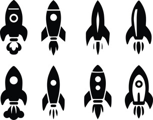 Set of rocket vector icons. Black and White Vector Silhouettes for Launch and Startup. perfect for themes related to technology, innovation, speed, business startup, and space travel.