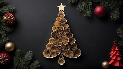 Creative paper Christmas tree with decorative elements and a star atop, arranged on a dark surface surrounded by ornaments Generative AI