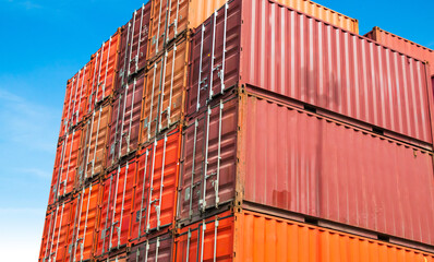 Fototapeta premium Cargo ship container goods export import international transport on blue sky background, warehouse industry business logistics transportation harbor port industrial shipping terminal cargo ship.
