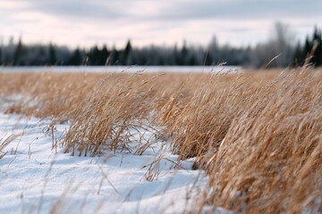 Field of tall dry grasses in a serene winter landscape