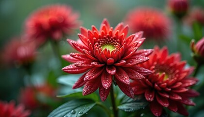 Red dahlia flower with water droplets on petals. Green leaves and blurred background of more red flowers. Nature detail in garden after rain. Fresh bloom.