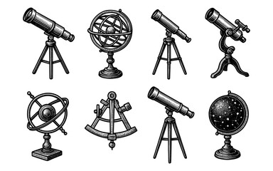 Antique astronomy tools set: telescopes, globes, and instruments in vintage style