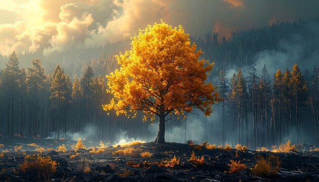 Radiant golden tree in smoky forest. Sunlit clearing with dark ground amidst pine woods and hazy sky