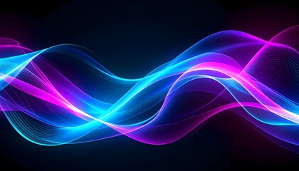 Fototapeta premium Dynamic abstract illustration of flowing light waves in blue, pink, and purple tones on a dark background.