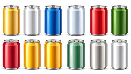 Rows of colorful, shiny aluminum cans arranged in a grid pattern on a white background, showcasing various vibrant hues