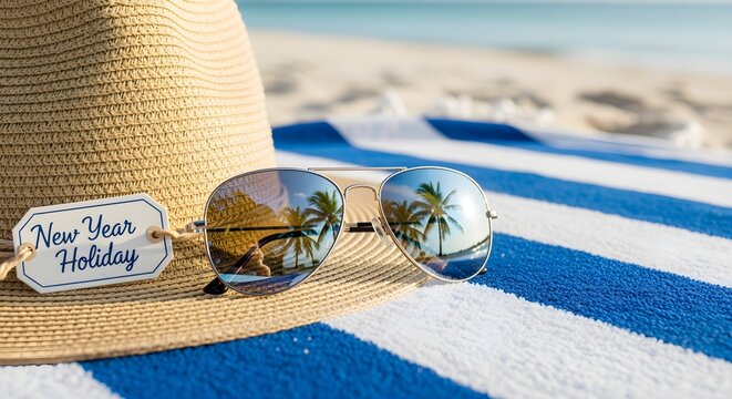 A straw hat with a "New Year Holiday" tag and sunglasses reflecting palm trees rest on a striped beach towel on a sunny tropical beach - Powered by Adobe