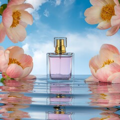 Perfume Bottle in Water with Pink Petals