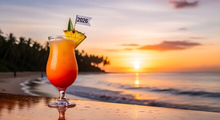 Tropical cocktail with 2026 flag and pineapple on a beach bar at sunset, celebrating a new year on a vibrant ocean horizon.
