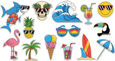 Illustration of a vibrant collection of summerthemed stickers featuring a shark, skull, wave, cocktail, smiley face, pineapple, flamingo, palm tree, ice cream, and sunglasses on beige background © VectoVerse