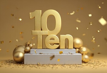 "Top Ten" Golden Text on Podium, Awards Ceremony Background, White Podium, Gold Theme