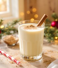 Festive Holiday Eggnog with Nutmeg and Christmas Lights 