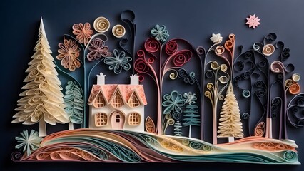 Colorful paper quilling art featuring a cozy house surrounded by playful trees and flowers in a winter wonderland design for Christmas celebration Generative AI