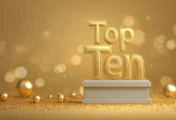 Golden "Ten" on Award Stand with Glittery Background, Ideal for Celebrating Tenth Anniversary Event