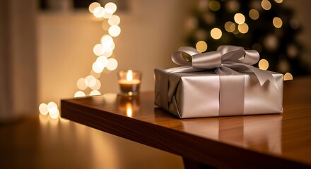 Elegant Silver Christmas Gift Box on Table