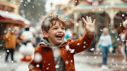 A child waves eagerly to a beloved character at a theme park parade.