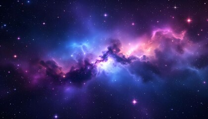 Vibrant cosmic scene showing colorful nebula with stars and interstellar clouds illuminated by different shades of blue, purple, and pink in deep space Generative AI