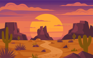 Stylized desert sunset vector illustration with orange sun, purple clouds, rocky formations, winding path, saguaro cacti, and warm 2D flat landscape with bold colors.
