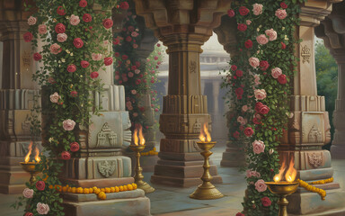 Oil Painting of South Indian Temple Courtyard with Granite Pillars and Floral Garlands Backdrop