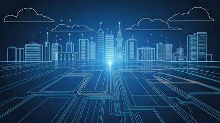 Futuristic city skyline with glowing lines showcases innovation and urban development, ideal for technology, finance, and modern business concepts