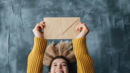 Joyful scene of hands holding an envelope high in the air, celebrating its arrival.