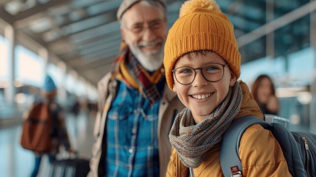 Multi-generational family gathered around luggage, excited for their journey.