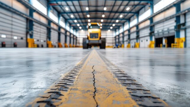Warehouse floor marked with tire tracks and oil stains, suggesting past activity. - Powered by Adobe