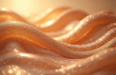 Golden shimmer waves flow softly. Bronze glitter texture forms elegant lines. Sparkly fluid surface creates abstract luxurious background. Liquid movement captures beauty, glamour. Warm light