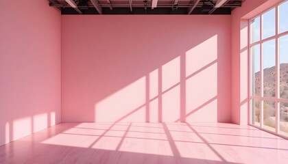 “Empty Pink Studio Room with Sunlight Shadows for Product Display